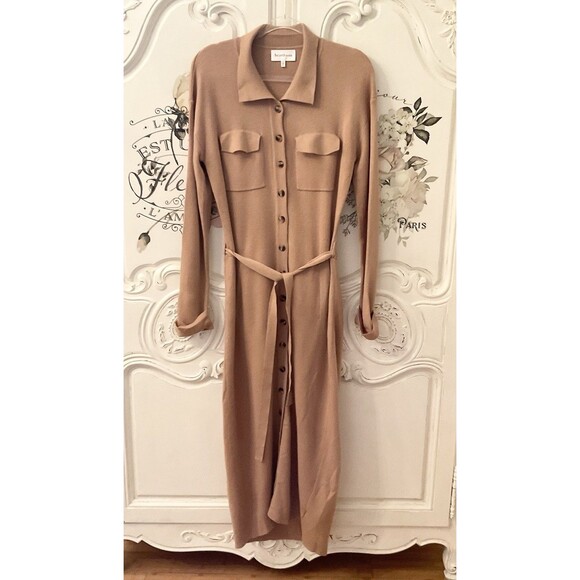 Heartloom Melina Cardigan Dress Women's S Camel Button Front Pockets Midi Belted - Picture 6 of 13
